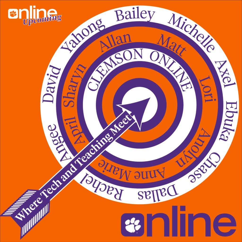 A bullseye of concentric orange, white, and purple circles with an arrow pointing to the center. The arrow says "where tech and teaching meet."