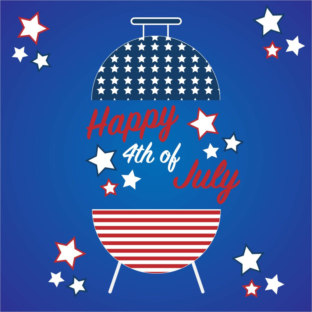 Graphic of a stars and stripes colored grill with the phrase "Happy 4th of July" in between the lid and the bottom. All on a field of blue with blue and red stars surrounding.