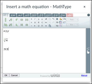 Screenshot of MathType tool reading "Insert a math equation - MathType."