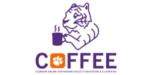 Purple Tiger logo holding a coffee mug.