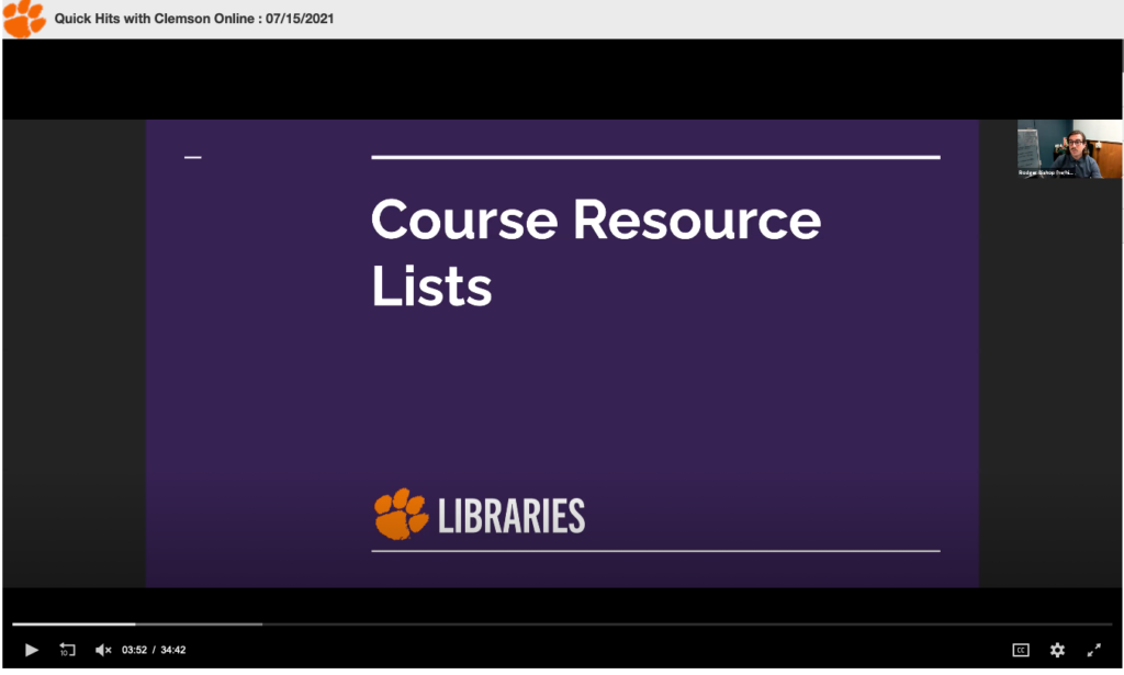 Screenshot of a Google slide reading: Course Resource Lists, with the Clemson paw logo and the word LIBRARIES.