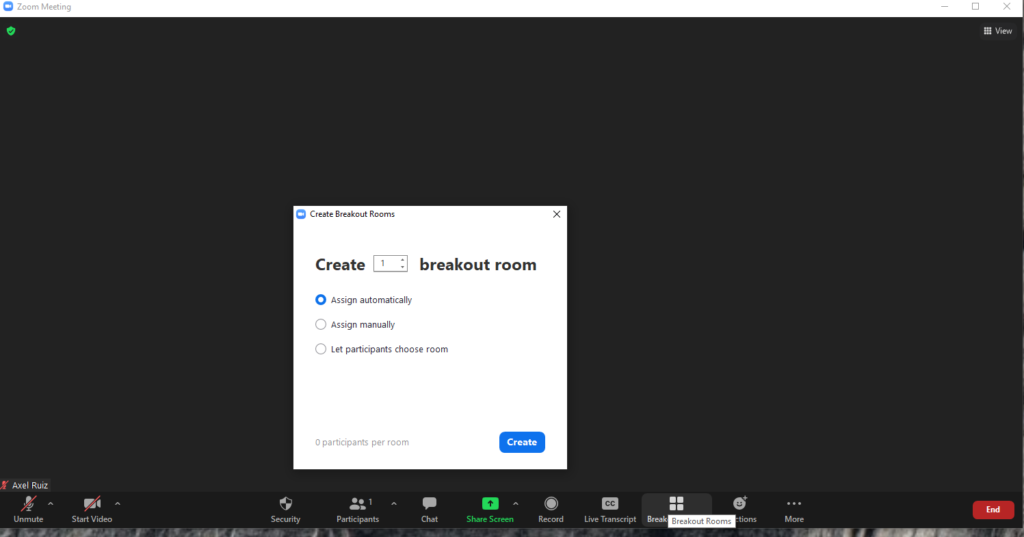 Screenshot of Zoom meeting, with form to create a breakout room displayed. Form reads: "Create [1] breakout room."