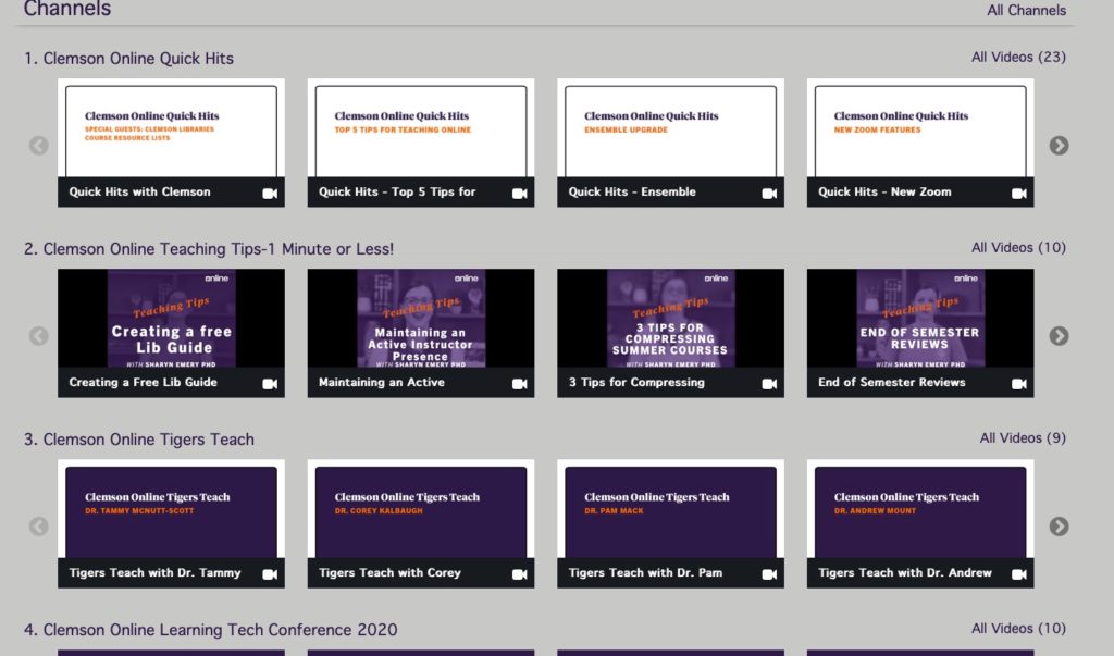 A screenshot of the Clemson Online Video Library, featuring titles such as "Creating a Free Lib Guide," "Top 5 Tips for Teaching Online," and "Clemson Online Tigers Teach," and more.