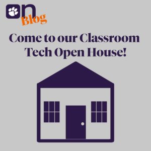 A purple house shape on a gray background with text reading: "ON Blog: Come to our Classroom Tech Open House!"