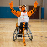 The Clemson Tiger mascot, using a wheelchair, is on a basketball court holding up his arms and pointing upwards.