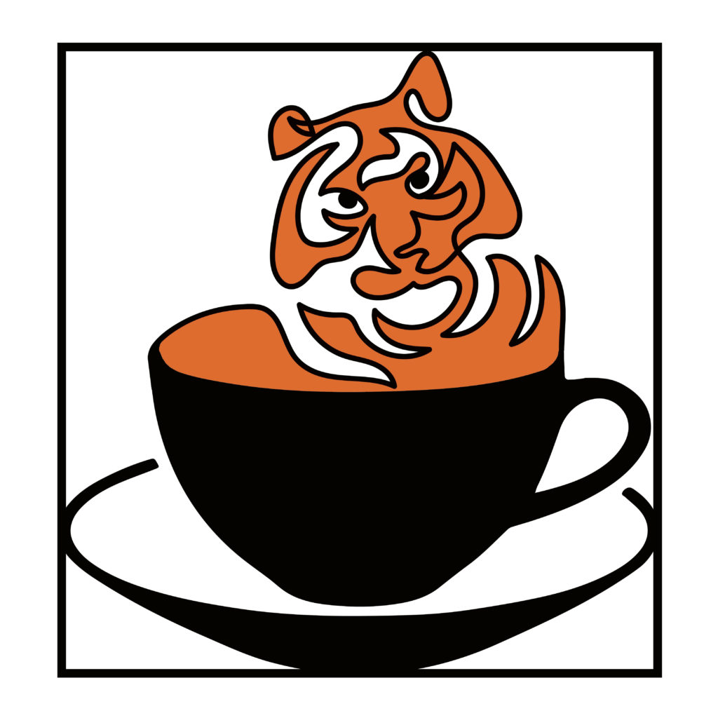 A black coffee cup on a saucer with orange and white steam in the shape of a tiger rising out of it.