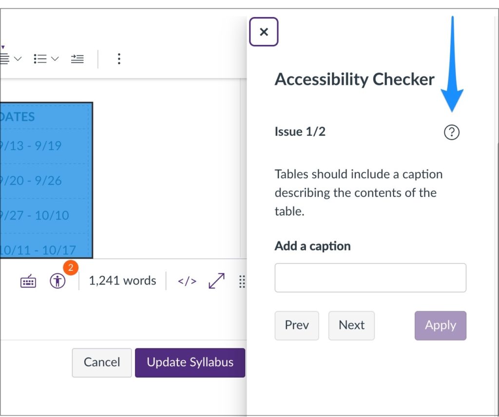 Screenshot of the Canvas Accessibility Checker describing an issue with Table Captions.