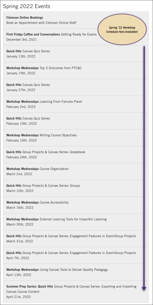 Screenshot of the Spring 2022 Workshop Schedule with Clemson Online.