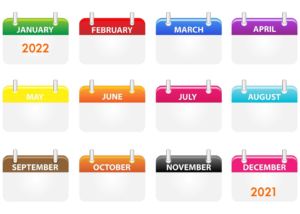 A series of colorful monthly calendars; December reads "2021," and January reads "2022."