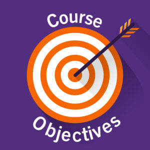 Orange bullseye on purple background with arrow striking bullseye. Text reads "Course Objectives"