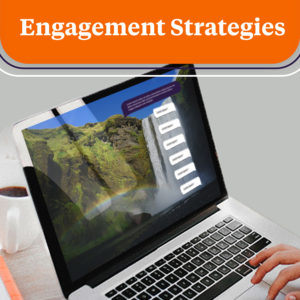 An open laptop and an orange banner that reads: Engagement Strategies.