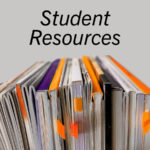 Decorative Image. Floating text over stack of books reads: Student Resources.