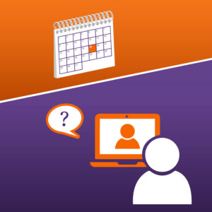Decorative image. A white calendar with date selected in orange on orange background in top half of image. Bottom half of image is purple background, with an image of Zoom call.