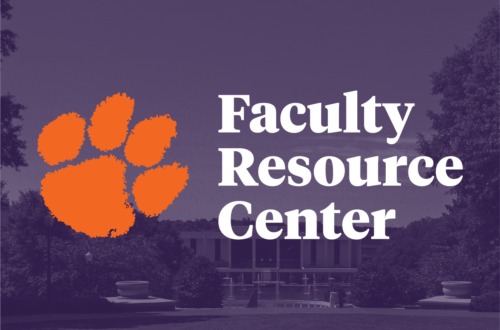 White text reads: Faculty Resource Center. Orange tiger paw over purple background. 