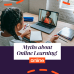 Screenshot of an Instagram post showing a young woman at a laptop with the text Myths about Online Learning
