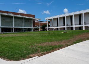 Photo of the Watt Center and Cooper Library against a blue sky, with green grass in the foreground