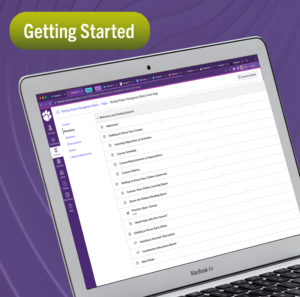 A laptop open to a Canvas Module page with a graphic of a button above the laptop with text: "Getting Started"
