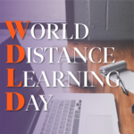 Image depicts a computer open with a coffee cup and notepad beside it with the text: "World Distance Learning Day" overlaid