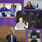 A collage of images depicting video work completed by Clemson Online. Lightboard recordings, studio recordings, demonstrations, and behind the camera view