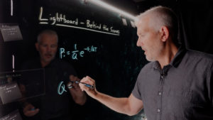 Image shows an instructor writing on a clear dry erase board with dry erase markers. Text on the board reads "Lightboard - Behind the Scenes"