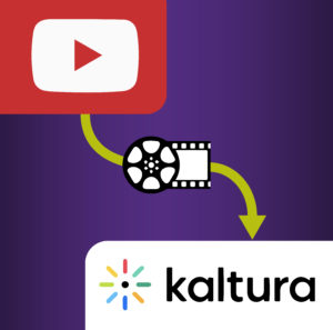 Image shows a red rectangle with a white rectangle inside and a red triangle to represent a YouTube play button. The bottom-right hand box contains the Kaltura logo which features a white background and black script reading Kaltura. There is a green arrow going from the YouTube logo to the Kaltura logo and an icon of a strip of film and a reel on arrow. The background of the image is purple.