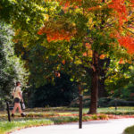 Student walking on campus in the Fall