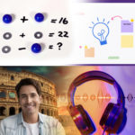 4 images displayed in a grid: 1. a visual math equation using beads and washers in place of numerals, 2. screenshot of zoom whiteboard workspace, 3. a man on a zoom call with the roman colosseum as virtual background behind him and 4. a headset with orange and purple soundwave background.