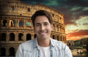 Person on a Zoom call with a virtual background of the Roman colosseum behind them