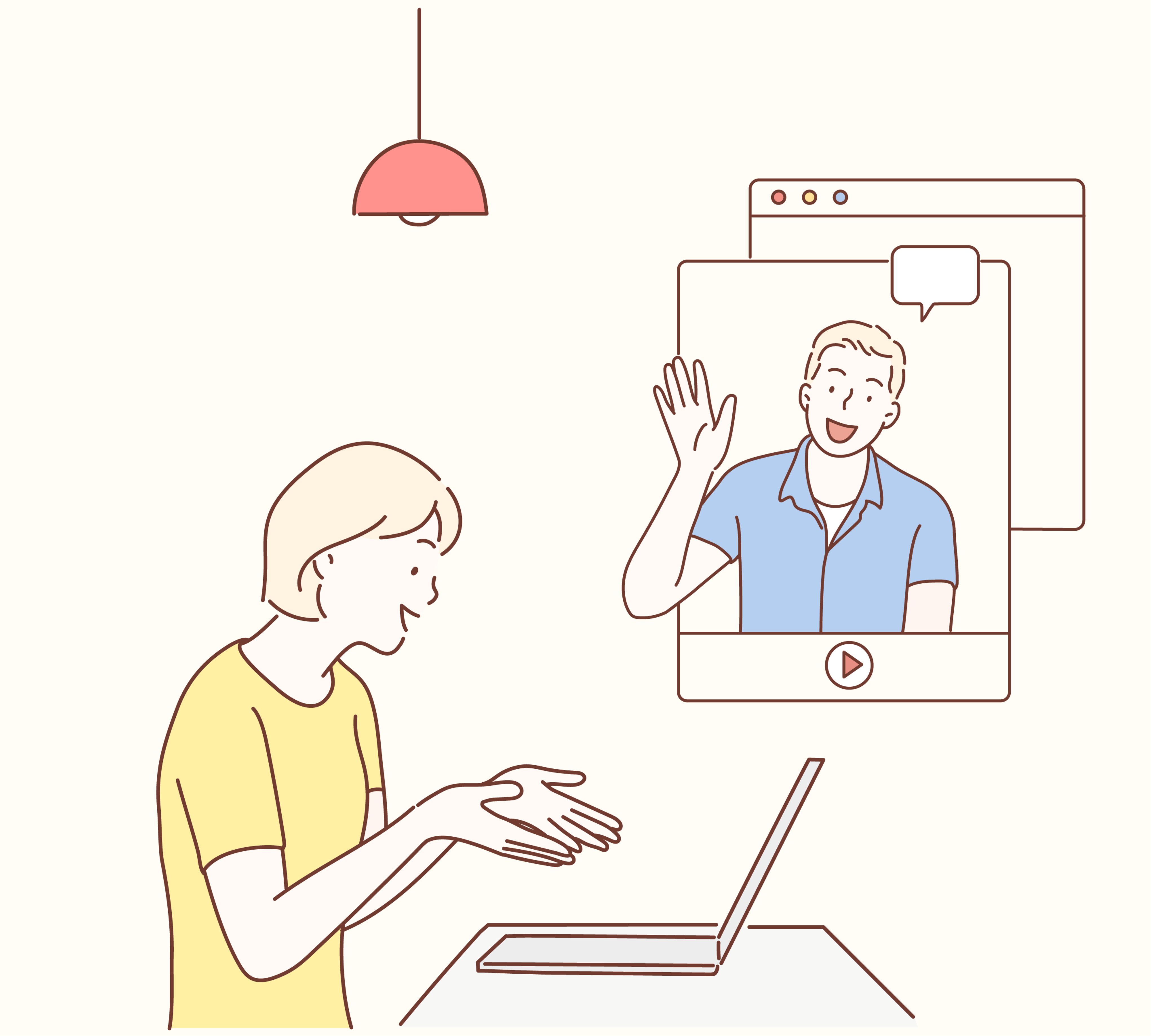 Hand drawn style vector design illustration of laptop screen and two people talking by internet.