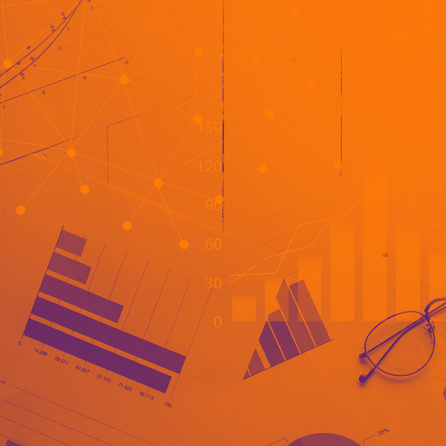 Orange and purple graphic of various items and graphs related to surveys, such as a bar graph and a pair of reading glasses.