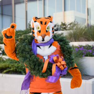 Clemson Tigers mascot posing with a Christmas wreath around its head