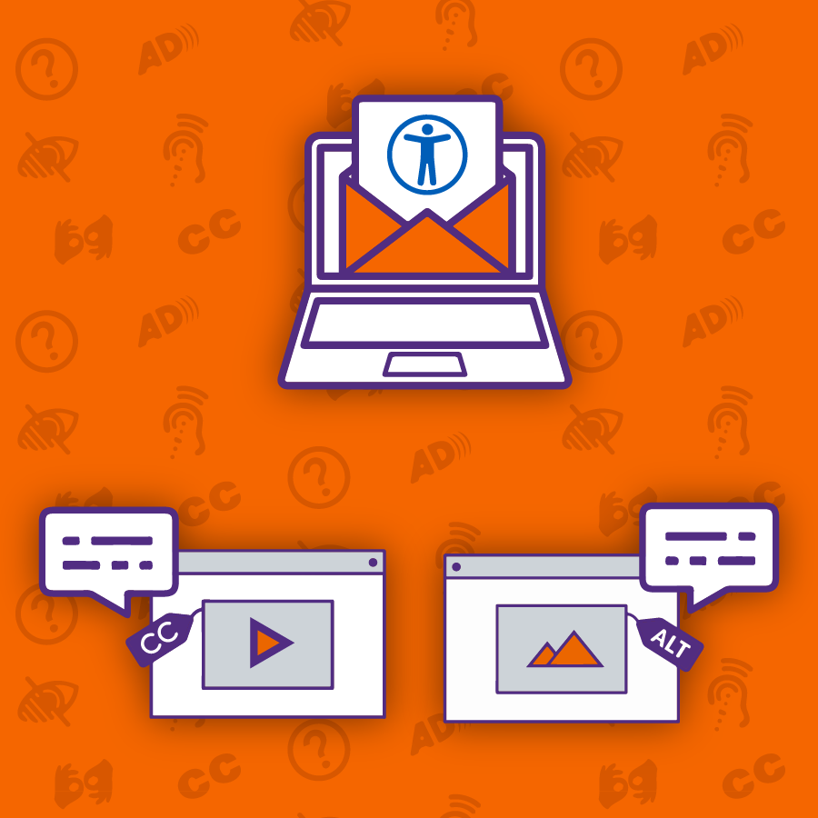 An illustration on an orange background featuring accessibility-related icons. At the top, a laptop displays an open envelope with the universal accessibility icon inside. Below, two browser windows are depicted: one with a video player marked with a closed captioning (CC) tag and a speech bubble, and another with an image of mountains marked with an alt text (ALT) tag and a speech bubble. The background contains subtle accessibility-related symbols, including hearing and vision icons, question marks, and 'CC' and 'AD' text