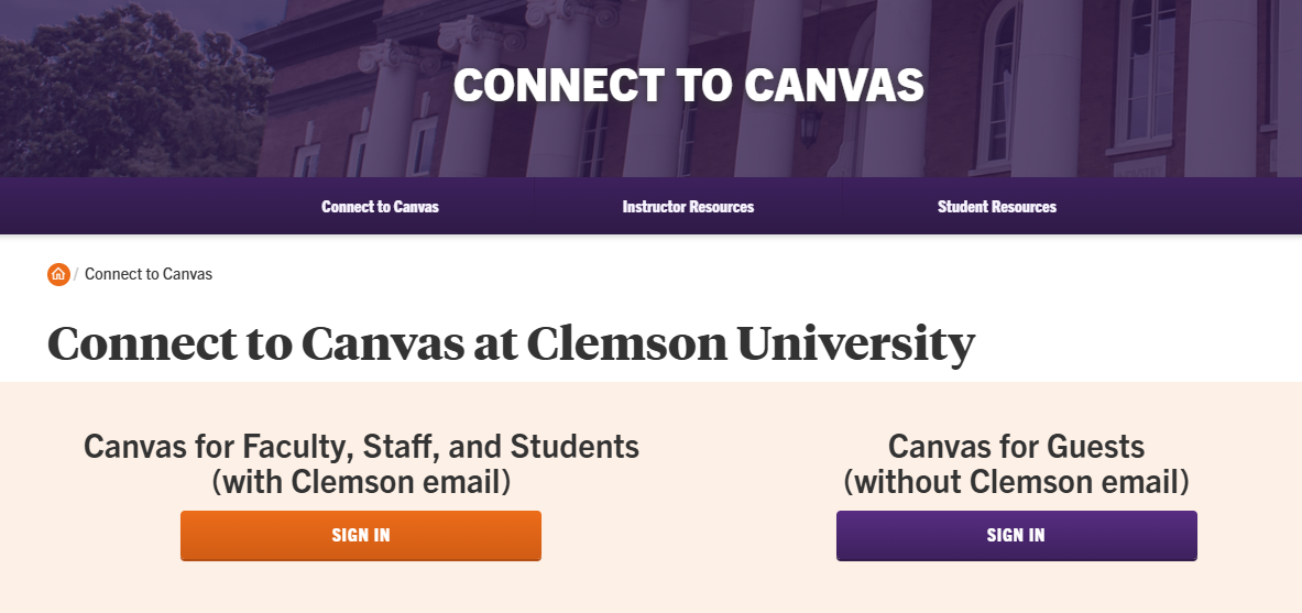 screenshot of Connect to Canvas webpage showing menu and log in buttons for Clemson email and for guests