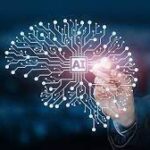 Graphic of an "AI brain" with a processor surrounded by computer circuitry