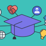 Graduation cap with connected icons representing student engagement, trust, learning, and academic success