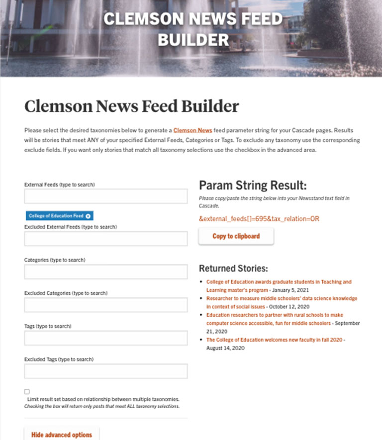 news builder form with example feed entered and results shown