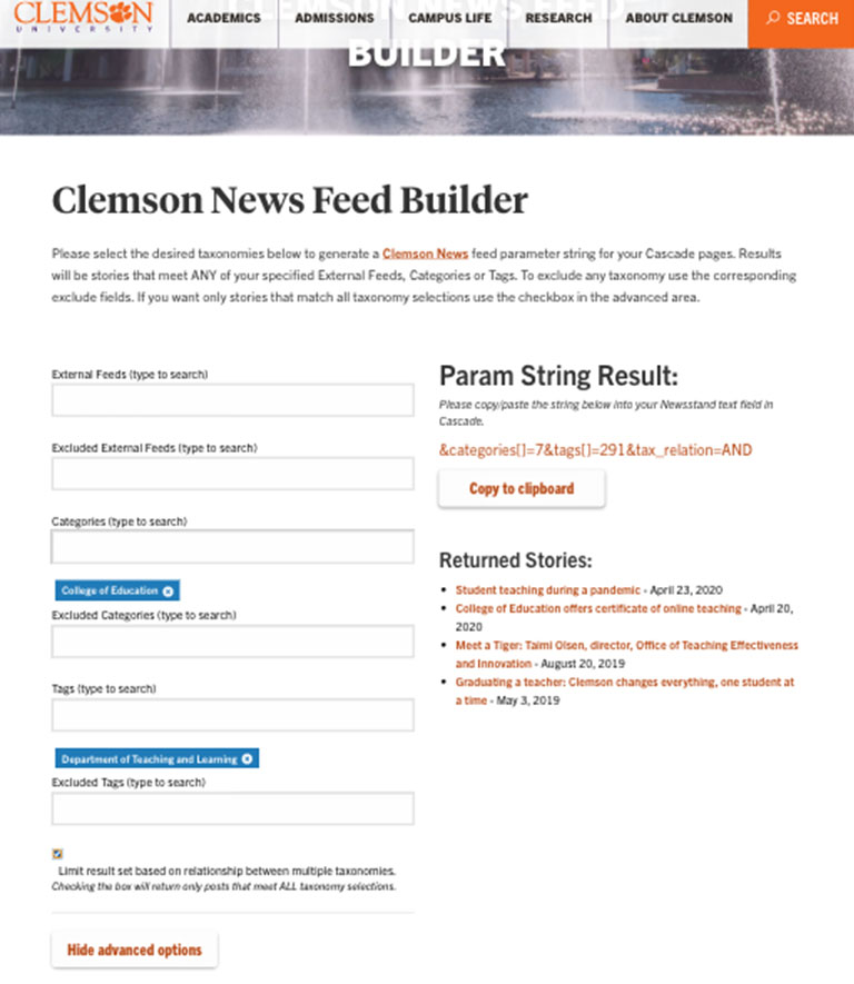 news builder form with college of education category, department of teaching and learning tag selected, and the taxonomy relationship checkbox checked