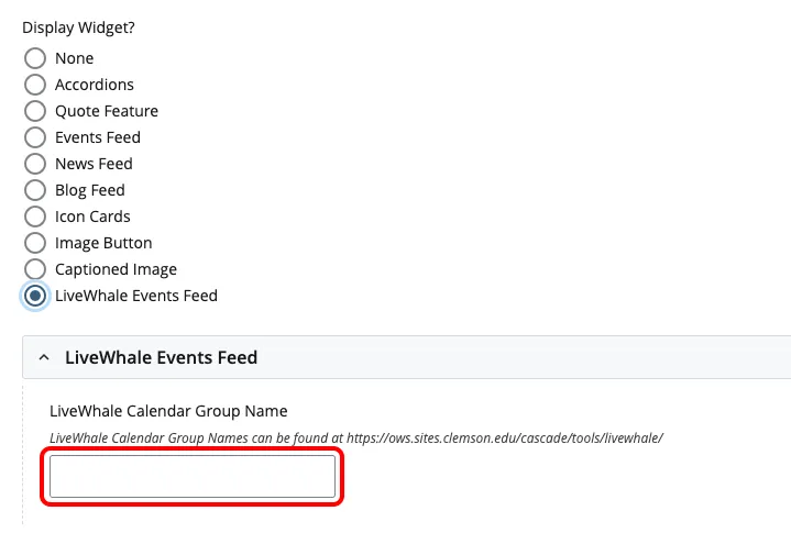 widget selector with 'livewhale events feed' selected. the livewhale calendar group name is highlighted but not yet filled in.
