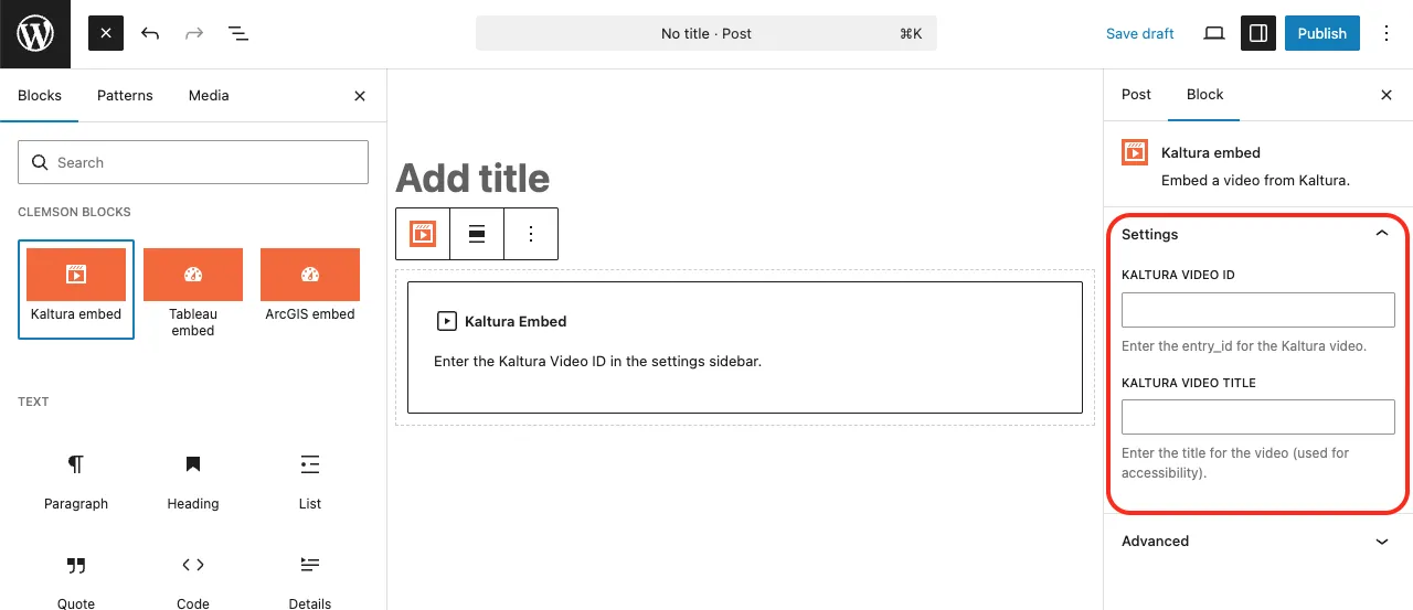 Kaltura embed block button with settings area highlighted