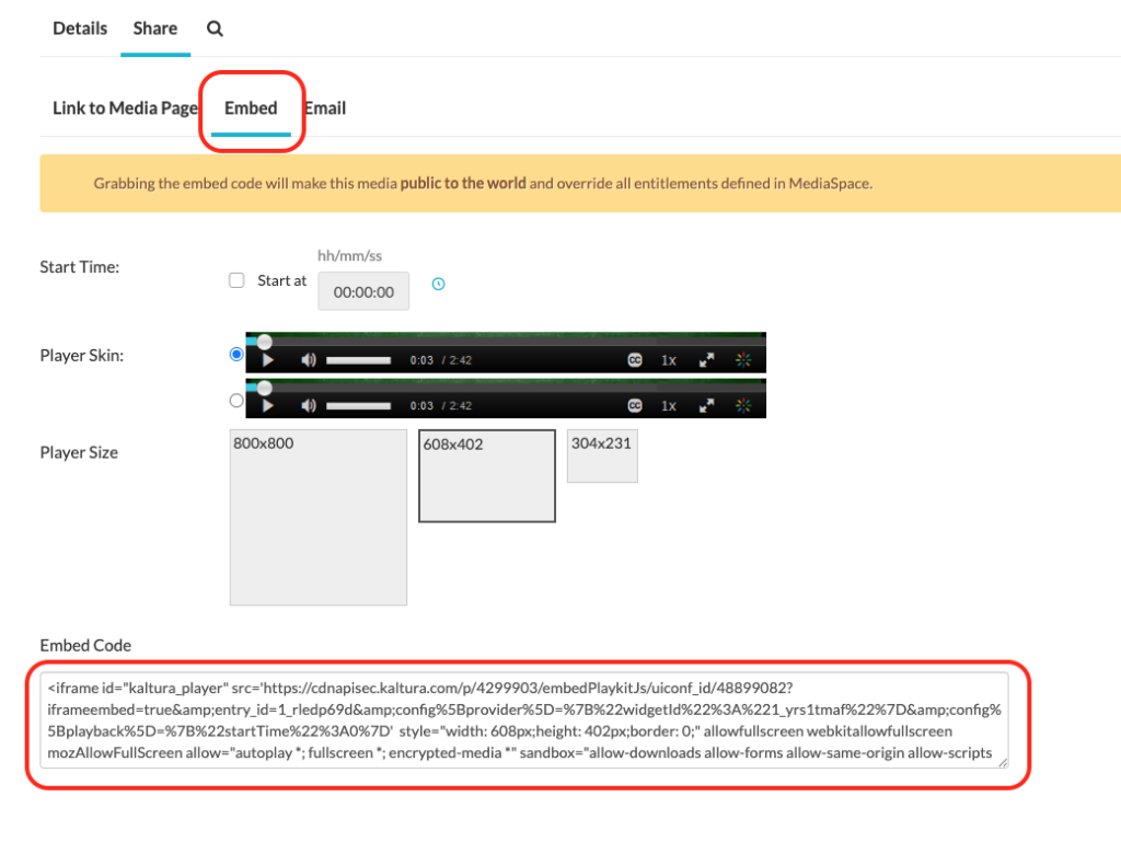 Kaltura Share and Embed tab showing video embed code highlighted