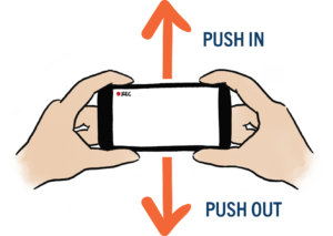 graphic of hands holding a phone with arrows to push in and push out