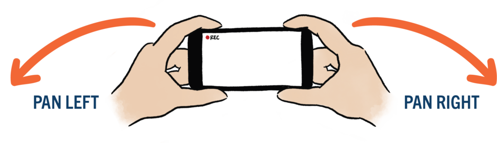 graphic showing hands holding a phone with arrows to pan left and pan right