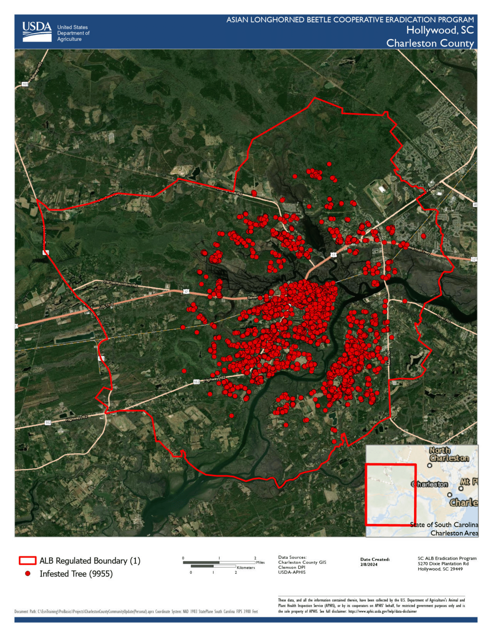 The red outline represents the current ALB quarantine and totals 76.38 square miles. Within the quarantine, 9,995 infested trees have been detected, each of which is represented by a red dot.