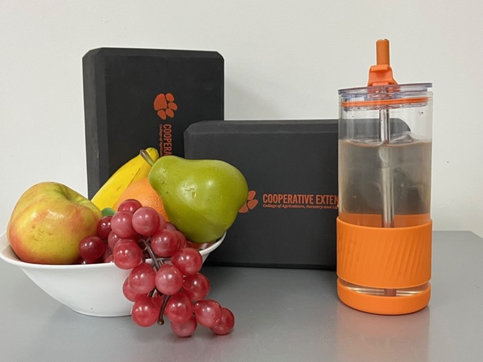 Fruit, water, and yoga blocks.