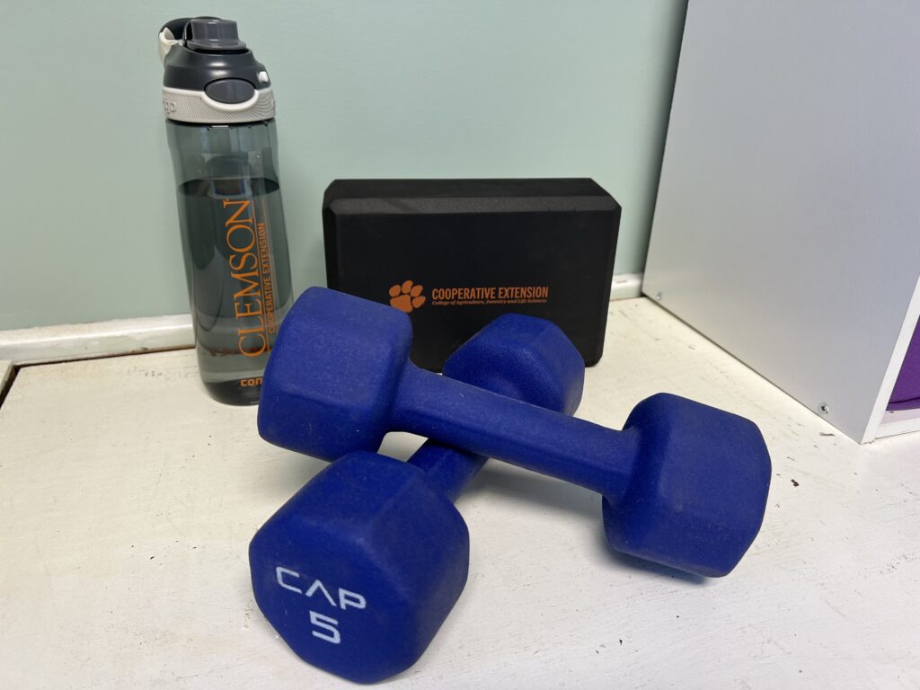 A water bottle, yoga block, and pair of dumbbells. 