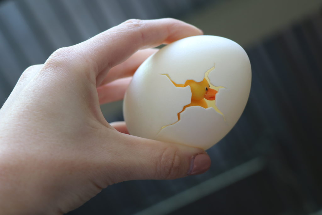 A 3D-printed egg with an artificial crack reveals a small duck printed to the inside