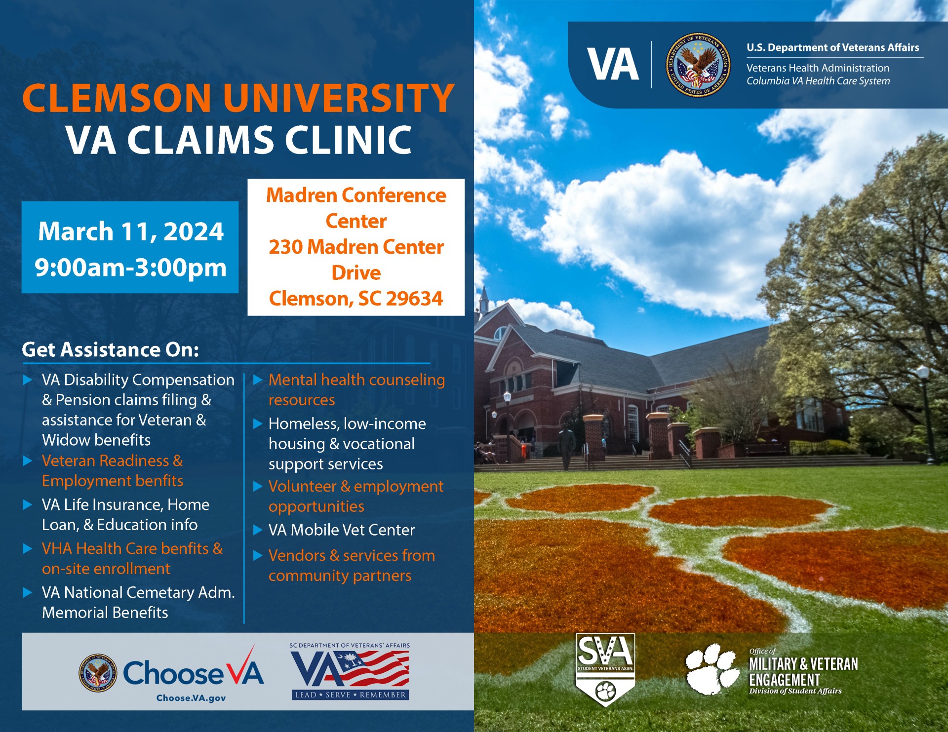 A flyer advertising the VA Claims Clinic. See body text for description.