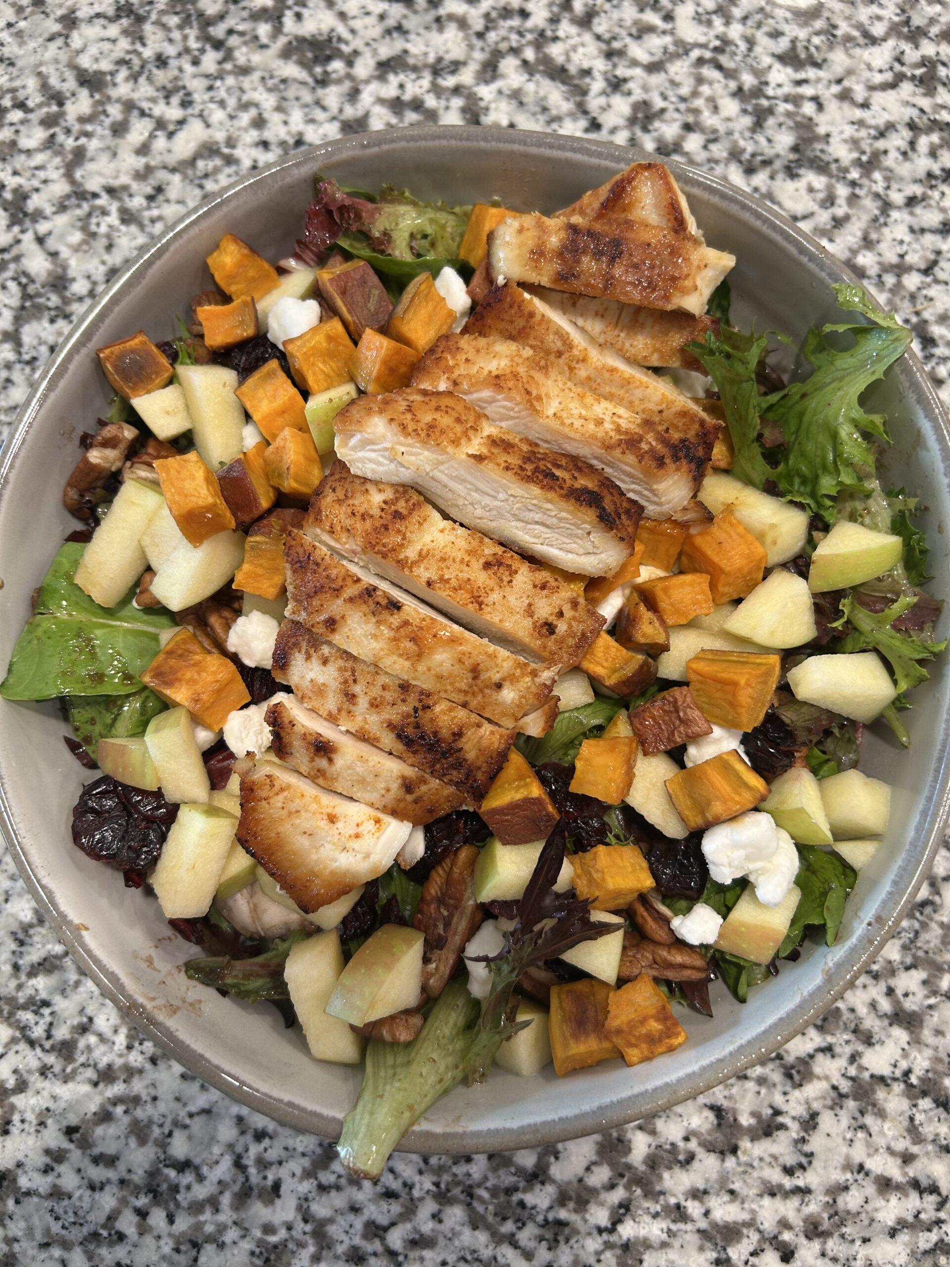 Fall Harvest Salad with apples, sweet potato, grille chicken and balsamic viniagrette