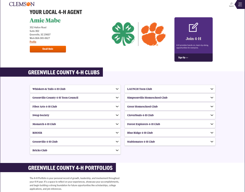 Picture shows Greenville County 4-H main website page with all the current active clubs.  