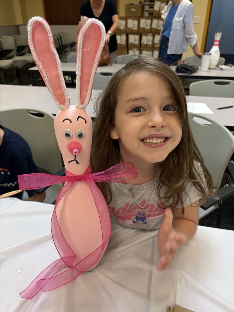 Homeschool girl with bowling pin bunny